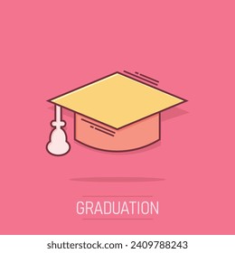 Graduation cap icon in comic style. Education hat vector cartoon illustration on white isolated background. University bachelor business concept splash effect.