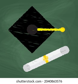 Graduation cap Icon design, Colorful chalk. Draw a picture on the blackboard.