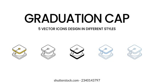 Graduation Cap Icon Design in Fünf-Stil mit Editable Stroke. Linie, feste, flache Linie, Duo Tone Farbe und Farbverlauf Linie. Geeignet für Webpage, Mobile App, UI, UX und GUI Design.