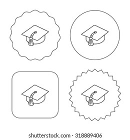 Graduation cap icon. Diploma ceremony sign. Flat circle, star and emblem buttons. Labels design. Vector