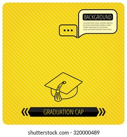 Graduation cap icon. Diploma ceremony sign. Chat speech bubbles. Orange line background. Vector