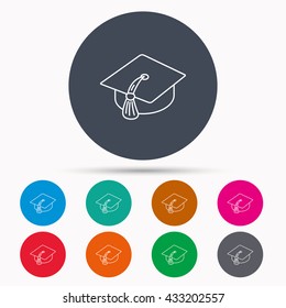 Graduation cap icon. Diploma ceremony sign. Icons in colour circle buttons. Vector
