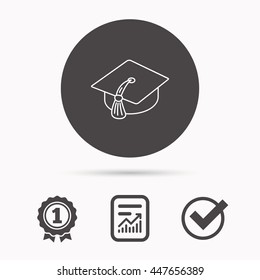 Graduation cap icon. Diploma ceremony sign. Report document, winner award and tick. Round circle button with icon. Vector