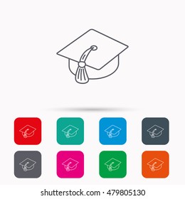 Graduation cap icon. Diploma ceremony sign. Linear icons in squares on white background. Flat web symbols. Vector