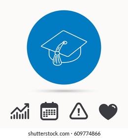 Graduation cap icon. Diploma ceremony sign. Calendar, attention sign and growth chart. Button with web icon. Vector
