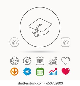 Graduation cap icon. Diploma ceremony sign. Calendar, Graph chart and Cogwheel signs. Download and Heart love linear web icons. Vector