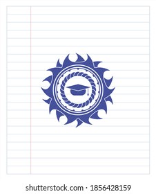 graduation cap icon draw (pen strokes). Blue ink. Vector Illustration. Detailed. 