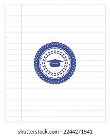 graduation cap icon draw with pen effect. Blue ink. Vector Illustration. Detailed. 