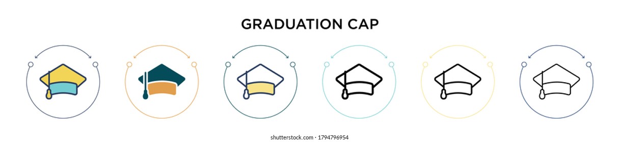 Graduation cap icon in filled, thin line, outline and stroke style. Vector illustration of two colored and black graduation cap vector icons designs can be used for mobile, ui, web
