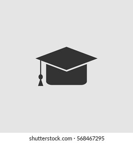 Graduation cap icon flat. Black pictogram on grey background. Vector illustration symbol