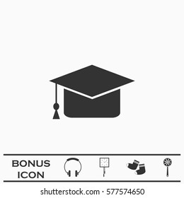 Graduation cap icon flat. Black pictogram on white background. Vector illustration symbol and bonus button