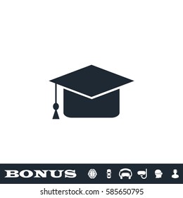 Graduation cap icon flat. Black pictogram on white background. Vector illustration symbol and bonus button