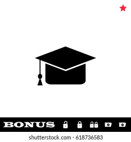 Graduation cap icon flat. Black pictogram on white background. Vector illustration symbol and bonus button open and closed lock, folder, star