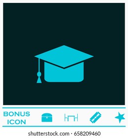 Graduation cap icon flat. Blue pictogram on dark background. Vector illustration symbol and bonus icons