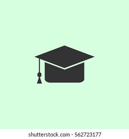Graduation cap icon flat. Grey vector symbol on green background