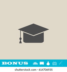 Graduation cap icon flat. Grey pictogram on light background. Vector illustration symbol and bonus button real estate, ottoman, vase, tv, fishing rod
