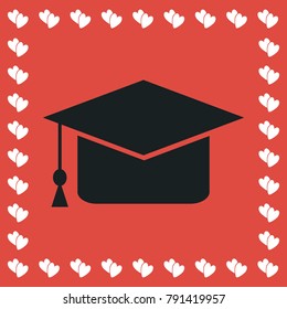 Graduation cap icon flat. Simple black pictogram on red background with white hearts for valentines day. Vector illustration symbol