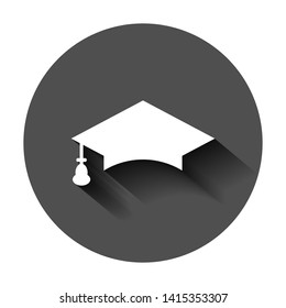 Graduation cap icon in flat style. Education hat vector illustration on black round background with long shadow. University bachelor business concept.