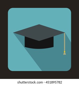 Graduation cap icon in flat style on a baby blue background