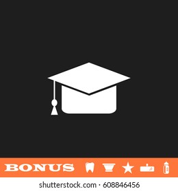 Graduation cap icon flat. White pictogram on black background. Vector illustration symbol and bonus button tooth, vase, star, mirror, bottle