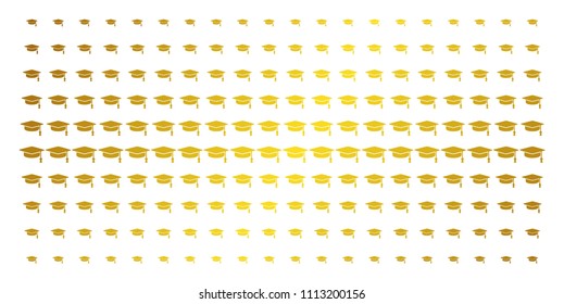 Graduation cap icon gold colored halftone pattern. Vector graduation cap items are organized into halftone matrix with inclined golden gradient. Designed for backgrounds, covers,