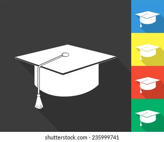 graduation cap icon - gray and colored (blue, yellow, red, green) vector illustration with long shadow
