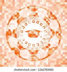 graduation cap icon inside abstract orange mosaic emblem