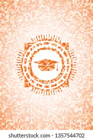 graduation cap icon inside abstract orange mosaic emblem with background