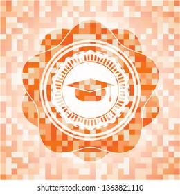 graduation cap icon inside abstract orange mosaic emblem