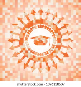 graduation cap icon inside abstract emblem, orange mosaic background