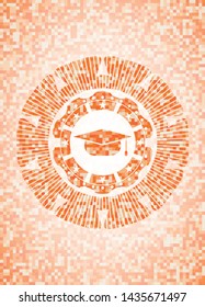 graduation cap icon inside abstract orange mosaic emblem with background