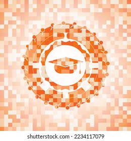 graduation cap icon inside abstract emblem, orange mosaic background. 