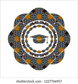 graduation cap icon inside arabesque badge. arabic decoration.