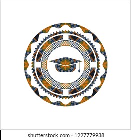 graduation cap icon inside arabesque style emblem. arabic decoration.