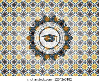 graduation cap icon inside arabesque style emblem. arabic decoration.