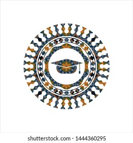 graduation cap icon inside arabesque style badge. arabic decoration.