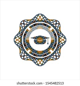 graduation cap icon inside arabesque style emblem. arabic decoration.