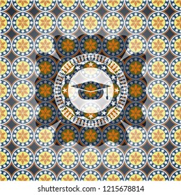 graduation cap icon inside arabic emblem. Arabesque decoration.