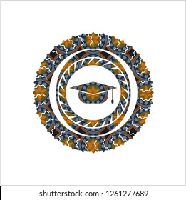 graduation cap icon inside arabic badge. Arabesque decoration.