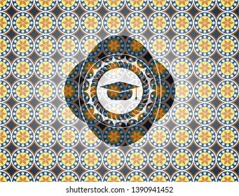 graduation cap icon inside arabic style emblem. Arabesque decoration.