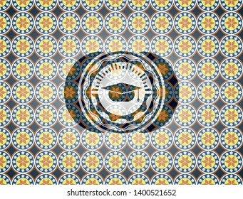 graduation cap icon inside arabic emblem background. Arabesque decoration.
