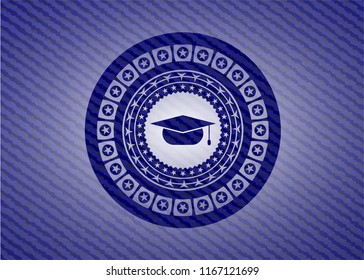 graduation cap icon inside badge with jean texture