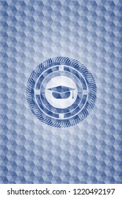 graduation cap icon inside blue badge with geometric pattern background.