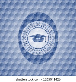 graduation cap icon inside blue emblem with geometric background.