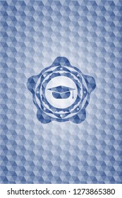 Graduation Cap Icon Inside Blue Polygonal Badge.