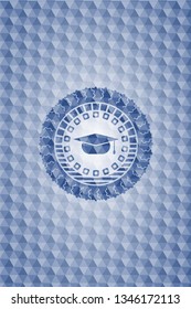 graduation cap icon inside blue polygonal emblem.