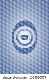 graduation cap icon inside blue emblem with geometric pattern.