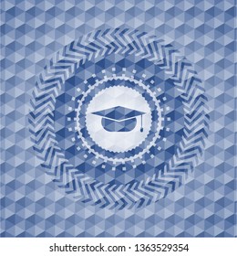 graduation cap icon inside blue emblem or badge with abstract geometric pattern background.