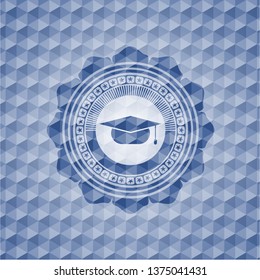 graduation cap icon inside blue emblem with geometric pattern background.