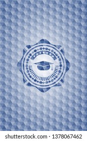 graduation cap icon inside blue badge with geometric pattern.
